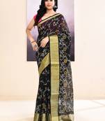 Women's black embellished cotton blend printed saree