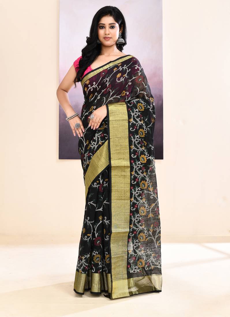 Women's black embellished cotton blend printed saree