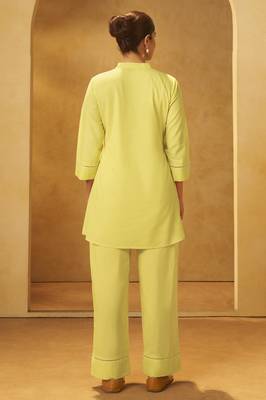 Women yellow pure cotton embroidered straight kurta co-ord set 2