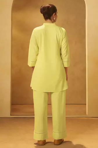 Women yellow pure cotton embroidered straight kurta co-ord set