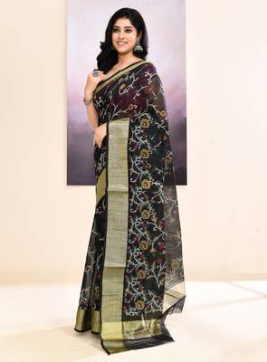 Women's black embellished cotton blend printed saree 2