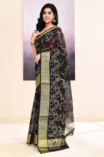 Women's black embellished cotton blend printed saree