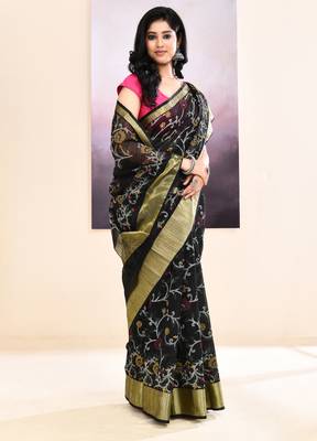 Women's black embellished cotton blend printed saree 3