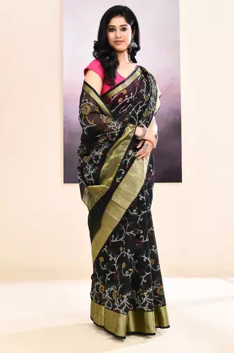 Women's black embellished cotton blend printed saree