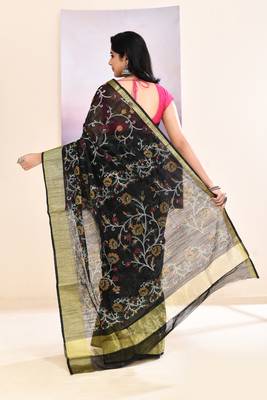 Women's black embellished cotton blend printed saree 4