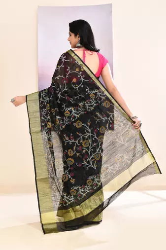 Women's black embellished cotton blend printed saree
