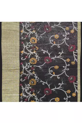 Women's black embellished cotton blend printed saree