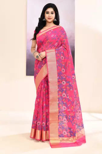Women's pink embellished cotton blend printed saree