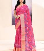 Women's pink embellished cotton blend printed saree