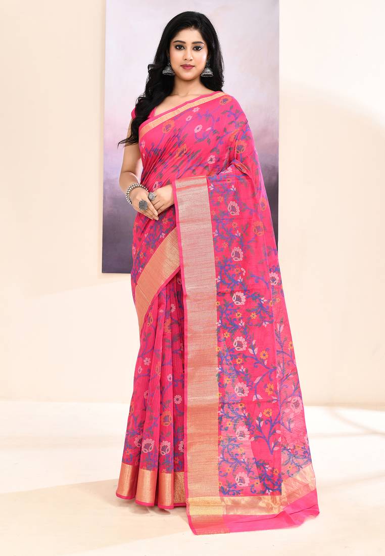 Women's pink embellished cotton blend printed saree