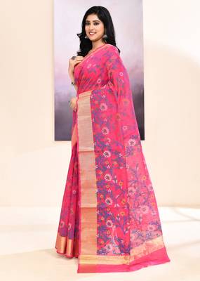 Women's pink embellished cotton blend printed saree 2