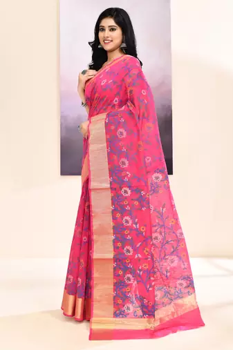 Women's pink embellished cotton blend printed saree