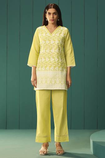 Women   s pure cotton yellow schiffli co-ord set