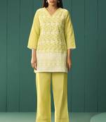 Women   s pure cotton yellow schiffli co-ord set