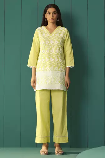 Women   s pure cotton yellow schiffli co-ord set