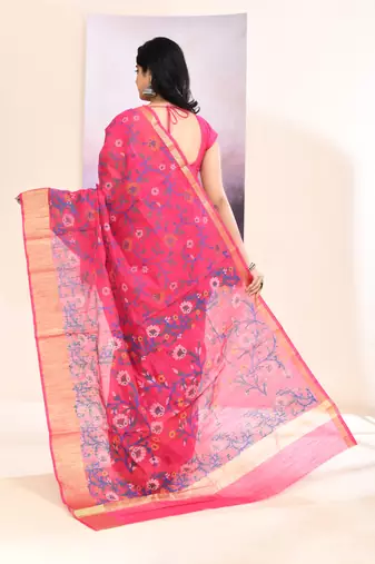 Women's pink embellished cotton blend printed saree