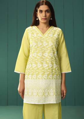 Women   s pure cotton yellow schiffli co-ord set 4