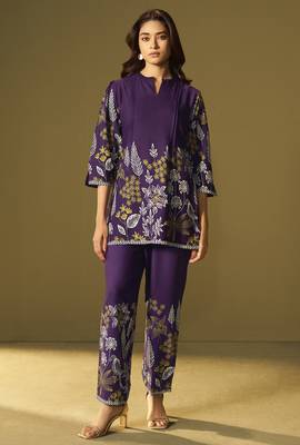 Purple rayon floral printed co-ord set for women 1