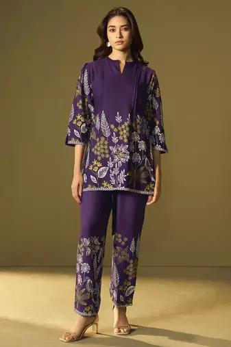 Purple rayon floral printed co-ord set for women