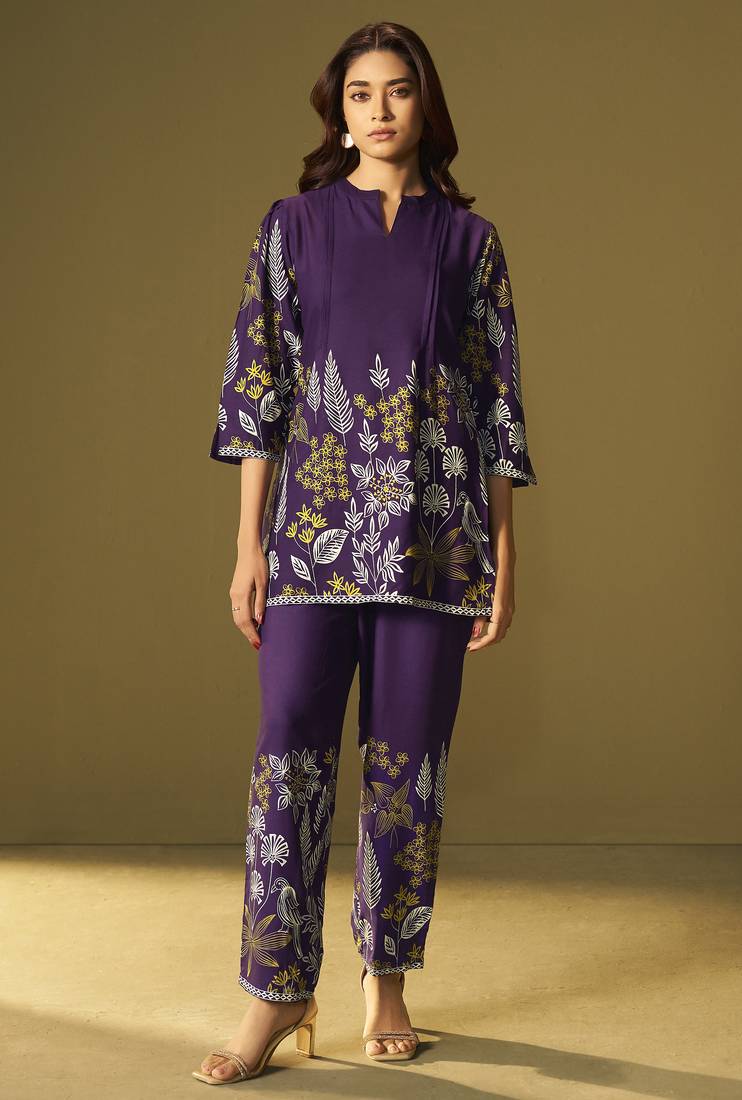 Purple rayon floral printed co-ord set for women