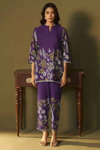 Purple rayon floral printed co-ord set for women
