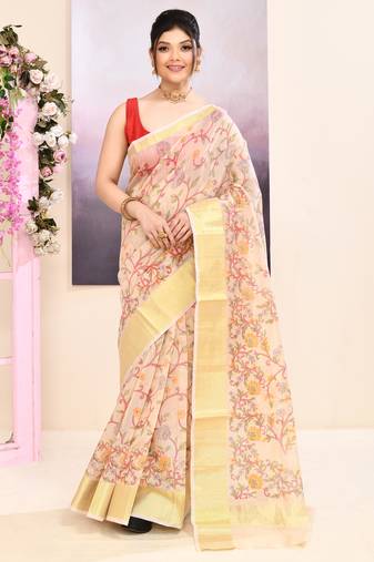 Women's baige embellished cotton blend printed saree