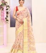 Women's baige embellished cotton blend printed saree