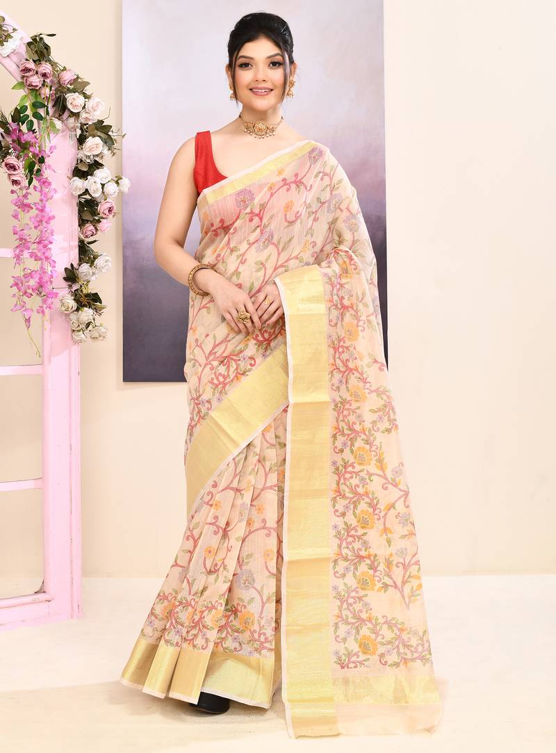 Women's baige embellished cotton blend printed saree