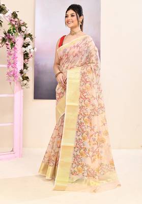 Women's baige embellished cotton blend printed saree 2