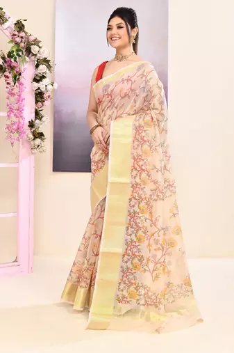 Women's baige embellished cotton blend printed saree