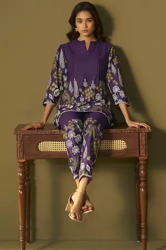 Purple rayon floral printed co-ord set for women