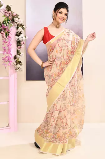 Women's baige embellished cotton blend printed saree
