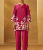 Women pink embroidered cotton blend straight kurta co-ord set