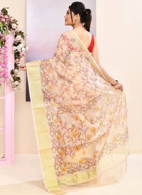 Women's baige embellished cotton blend printed saree 4