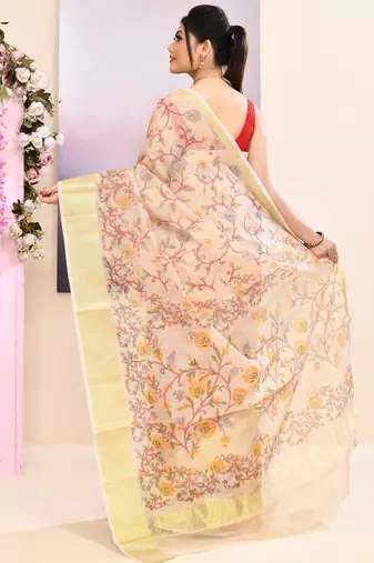 Women's baige embellished cotton blend printed saree