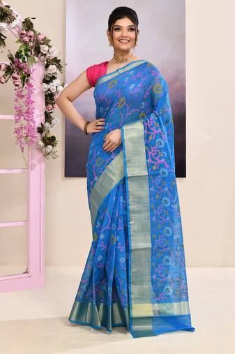 Women's sky blue embellished cotton blend printed saree