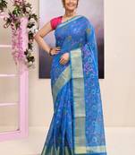 Women's sky blue embellished cotton blend printed saree