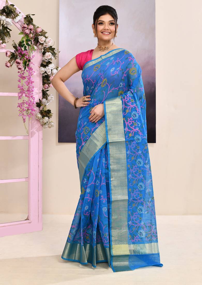 Women's sky blue embellished cotton blend printed saree
