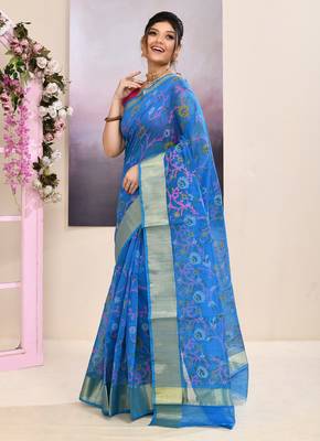 Women's sky blue embellished cotton blend printed saree 2