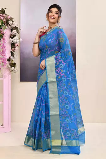 Women's sky blue embellished cotton blend printed saree