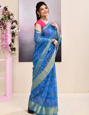 Women's sky blue embellished cotton blend printed saree 3