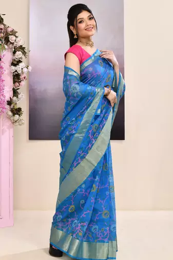 Women's sky blue embellished cotton blend printed saree