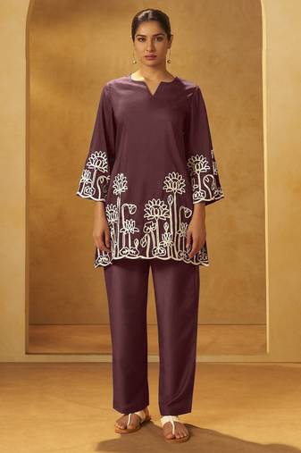 Women coffee embroidered cotton blend straight kurta co-ord set