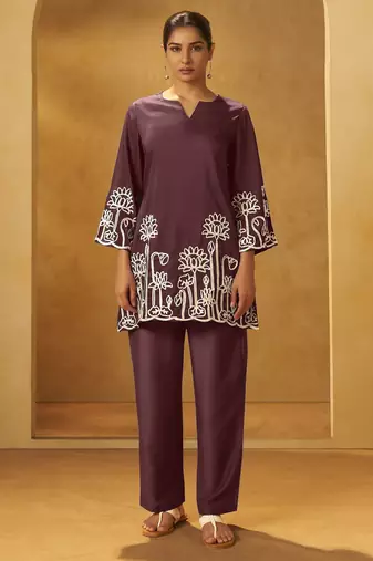 Women coffee embroidered cotton blend straight kurta co-ord set