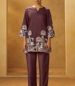 Women coffee embroidered cotton blend straight kurta co-ord set