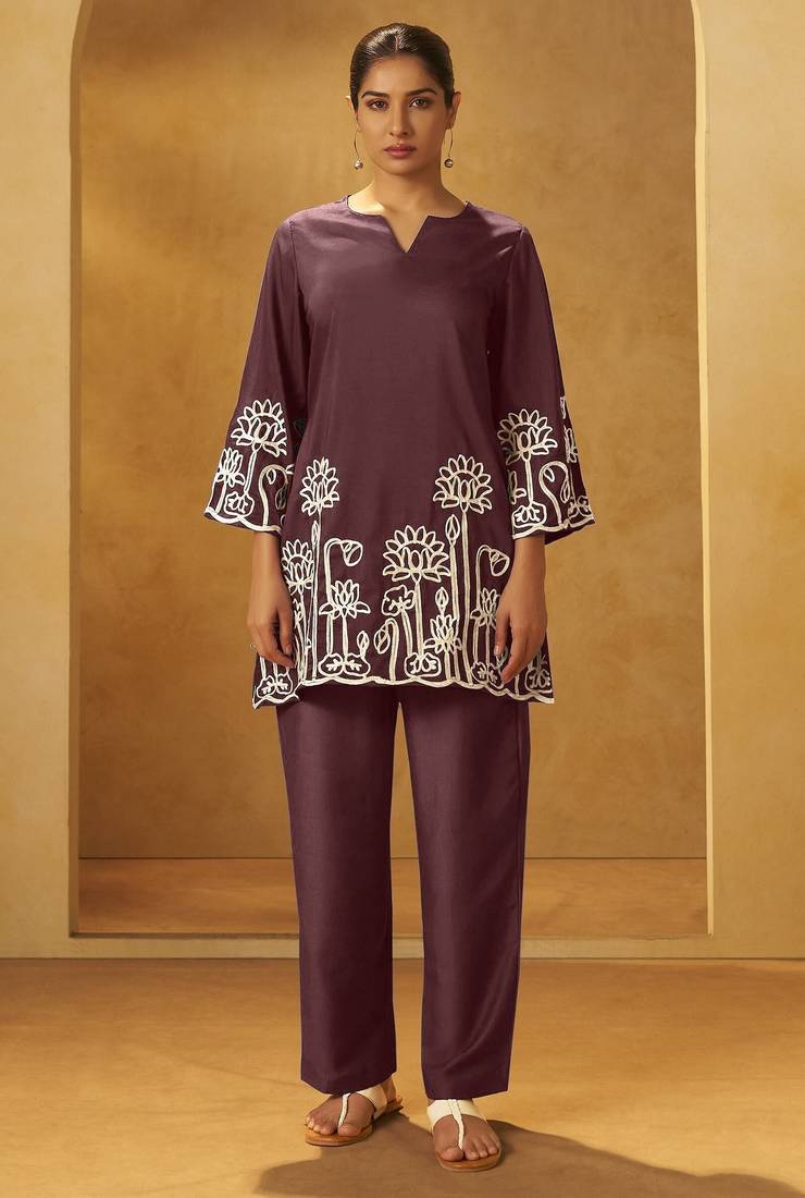 Women coffee embroidered cotton blend straight kurta co-ord set