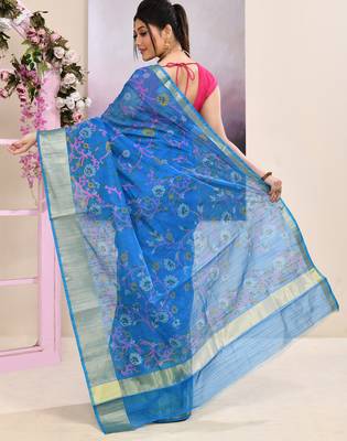Women's sky blue embellished cotton blend printed saree 4