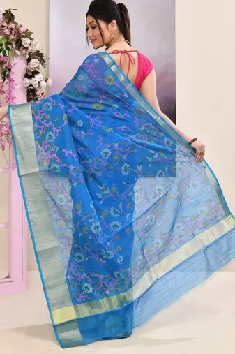 Women's sky blue embellished cotton blend printed saree