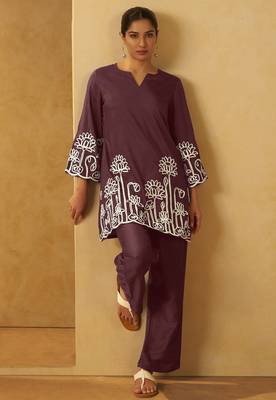 Women coffee embroidered cotton blend straight kurta co-ord set 2