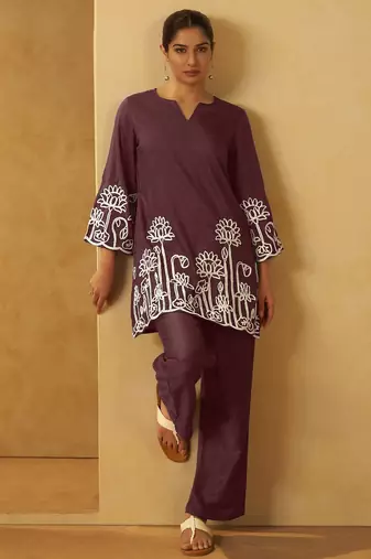 Women coffee embroidered cotton blend straight kurta co-ord set